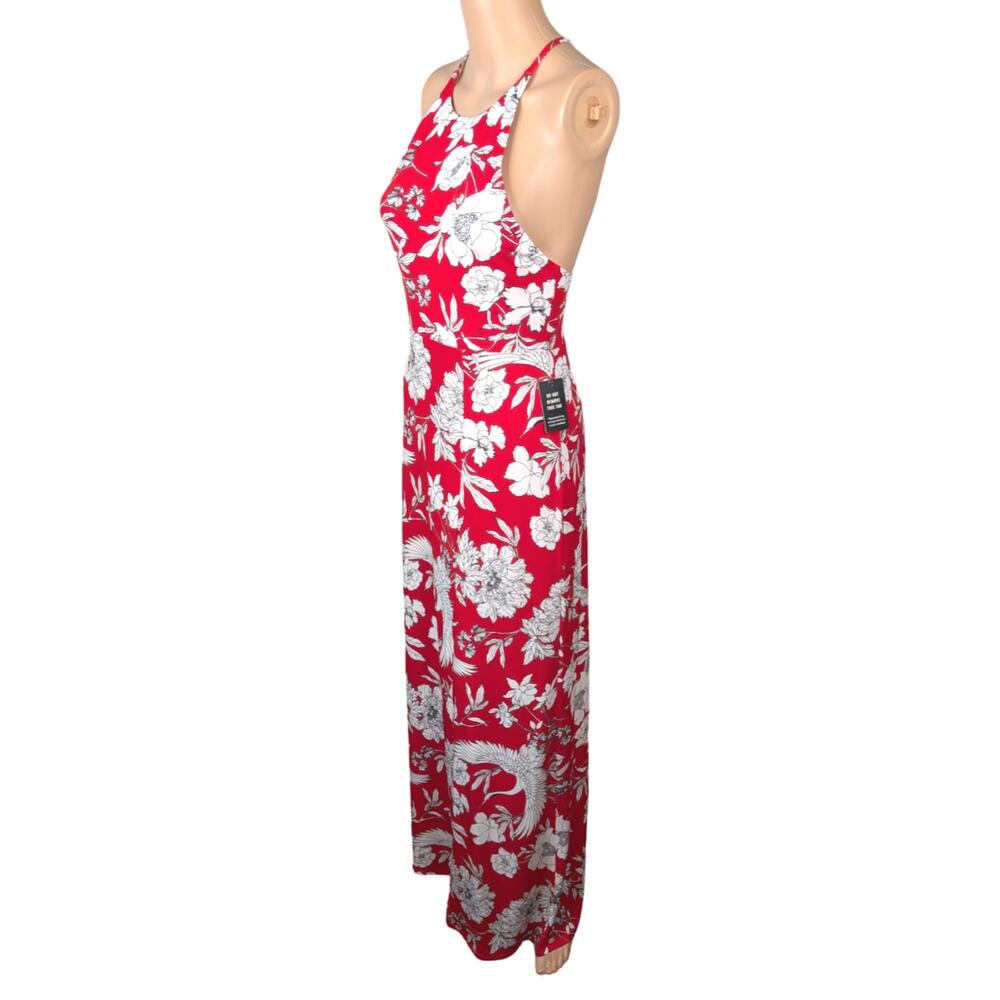 NWT Express Halter Maxi Dress XS Red White Crane Floral Side Slit Tie Back - Picture 8 of 12